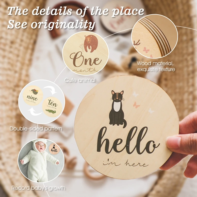 16pcs Baby Milestone Animal Number Monthly Memorial Cards Newborn Baby Wooden Engraved Age Photography Accessories Birth Gift