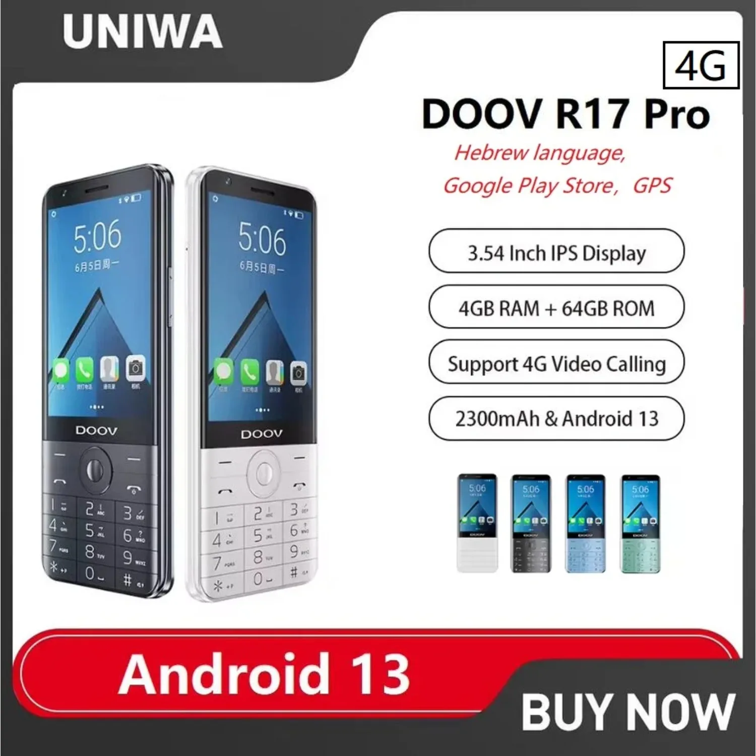 UNIWA DOOV R17 Pro 4G Hot Sale Keyboard Mobile Phone Smart Touch Screen Android 13  3.54'' 4GB 64GB 2300mAh Russian Hebrew Phones