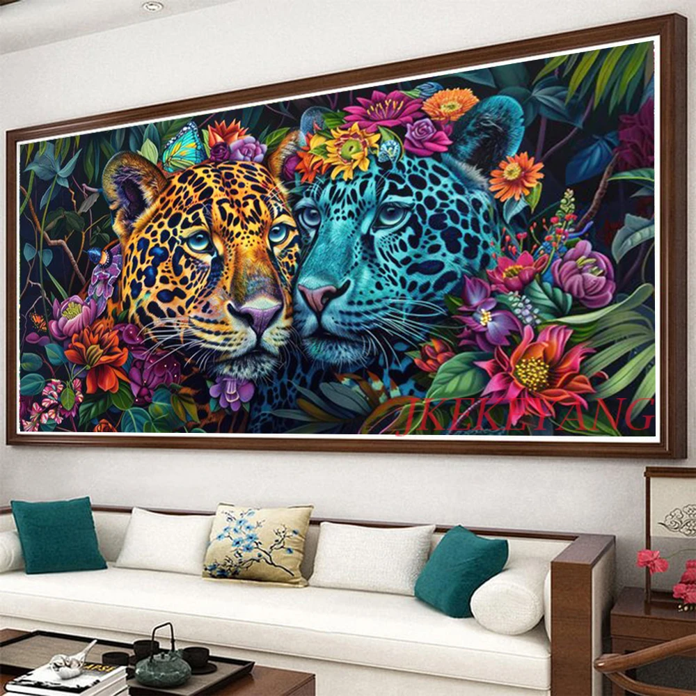 Jungle Leopard Couple Flowers Diamond Painting New 2024 5D Large Diy Animals Floral Full Square Round Diamond Mosaic Embroidery