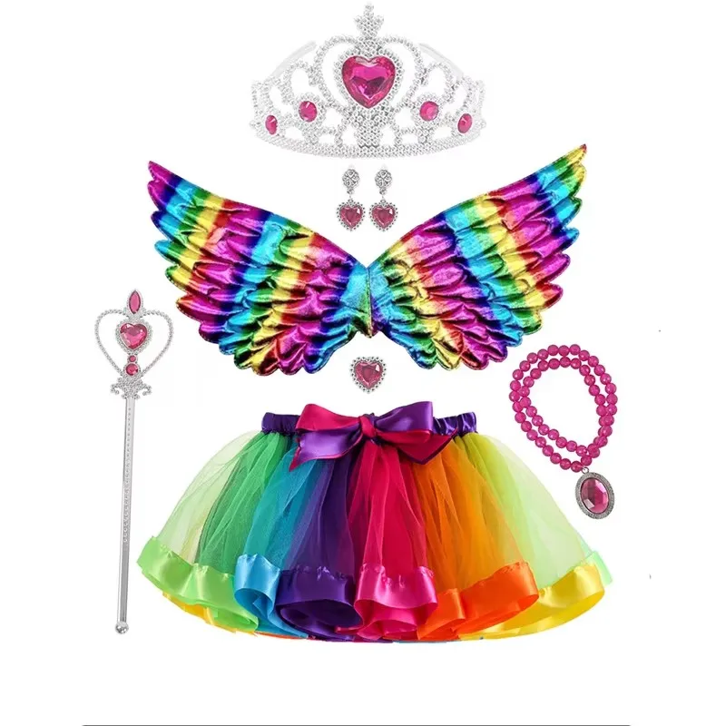 Seven Piece Girl Half Skirt+Accessories+Wings Rainbow Skirt Set Sweet And Cute Children's Half skirt Performance Suit