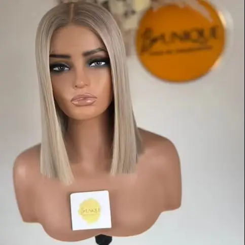 13x4 Ombre Ash Platinum Blonde Synthetic HD Lace Front Wig Natural Density Wig Realistic Look Hairline Soft Short Straight Bob