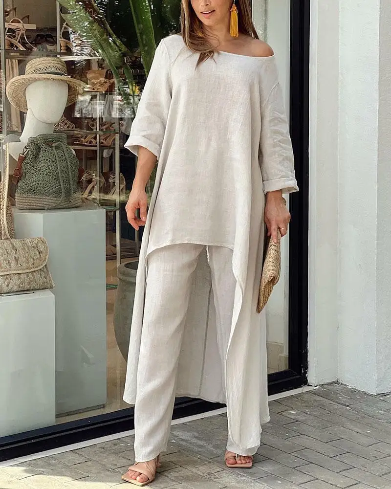 

Autumn Two Piece Set Women Cotton Linen Wide Leg Pants Set Vintage Boho Shirt Dress Casual Loose Work Streetwear Y2k 2022 Suit