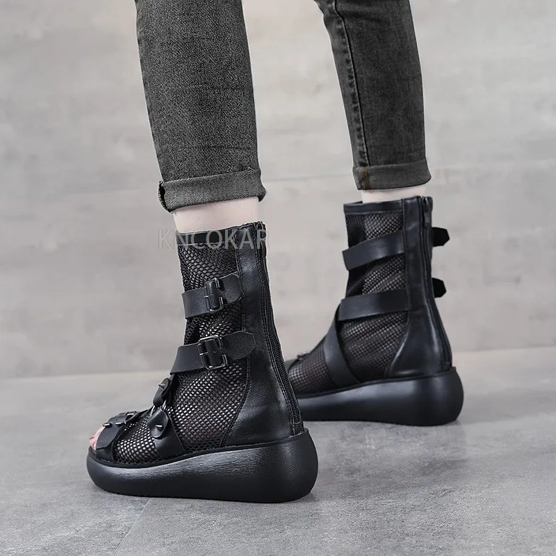 Summer 2022 New Genuine Leather Sandals Women\'s Hollow Mesh Breathable High-top Wedge Heel Thick-soled Fish Mouth Sandals