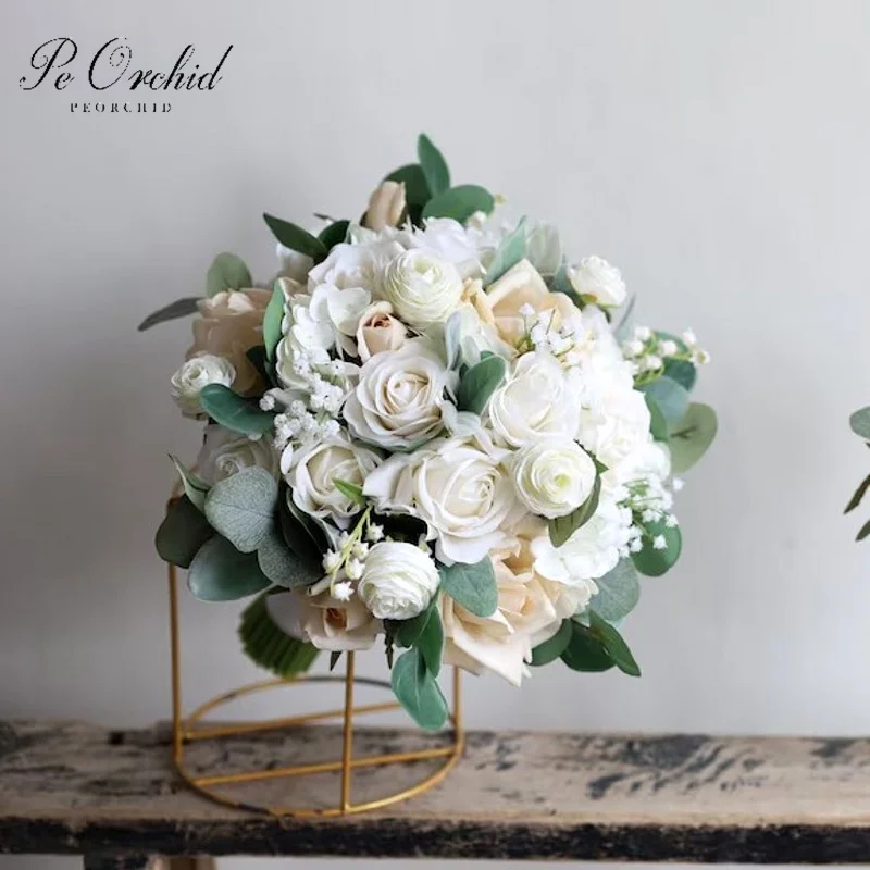 

PEORCHID Искусственные белые цветы Bugue De Noiva, зелень, свадебные букеты, настоящие на ощупь розы, весенний свадебный букет в деревенском стиле