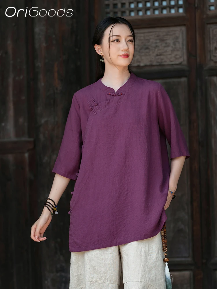 OriGoods Lyocell Camicetta di Lino Loose Fit Camicia di Lino Estiva Donna 2025 Nuovi Abiti Tradizionali Cinesi Sottile Fresco Estate Magliette E Camicette C132