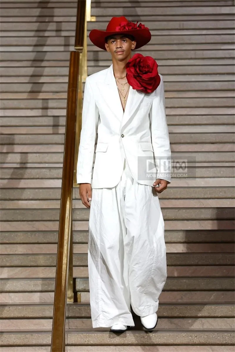 

White Men Suits 2 Piece Blazer+Pants 3D Flower Prom Wedding Tuxedo Coat Custom Made Formal Office Business Jacket Trousers