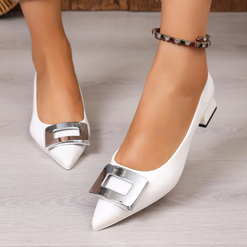 

Women's French-style Square Buckle Low-cut Classic High Heels, Fashionable and Sexy Pointed Toe, Non-slip Slip-on Summer Sandals