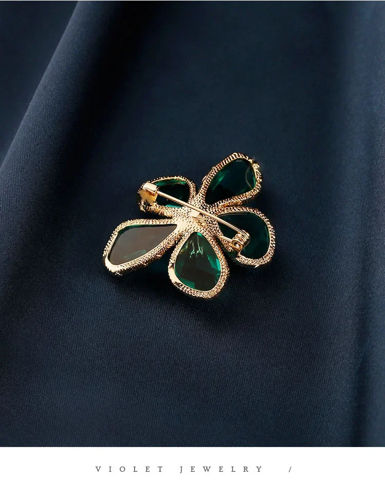 Fashion Big Green Crystal Flower Brooches for Women Famale Party Jewelry Gifts Retro Style Brooches Pin