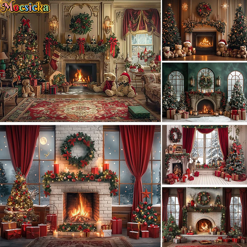 

Mocsicka Christmas Photography Backdrop Fireplace Christmas Trees Presents Decor Gifts Wreath Background Photo Studio Photocall