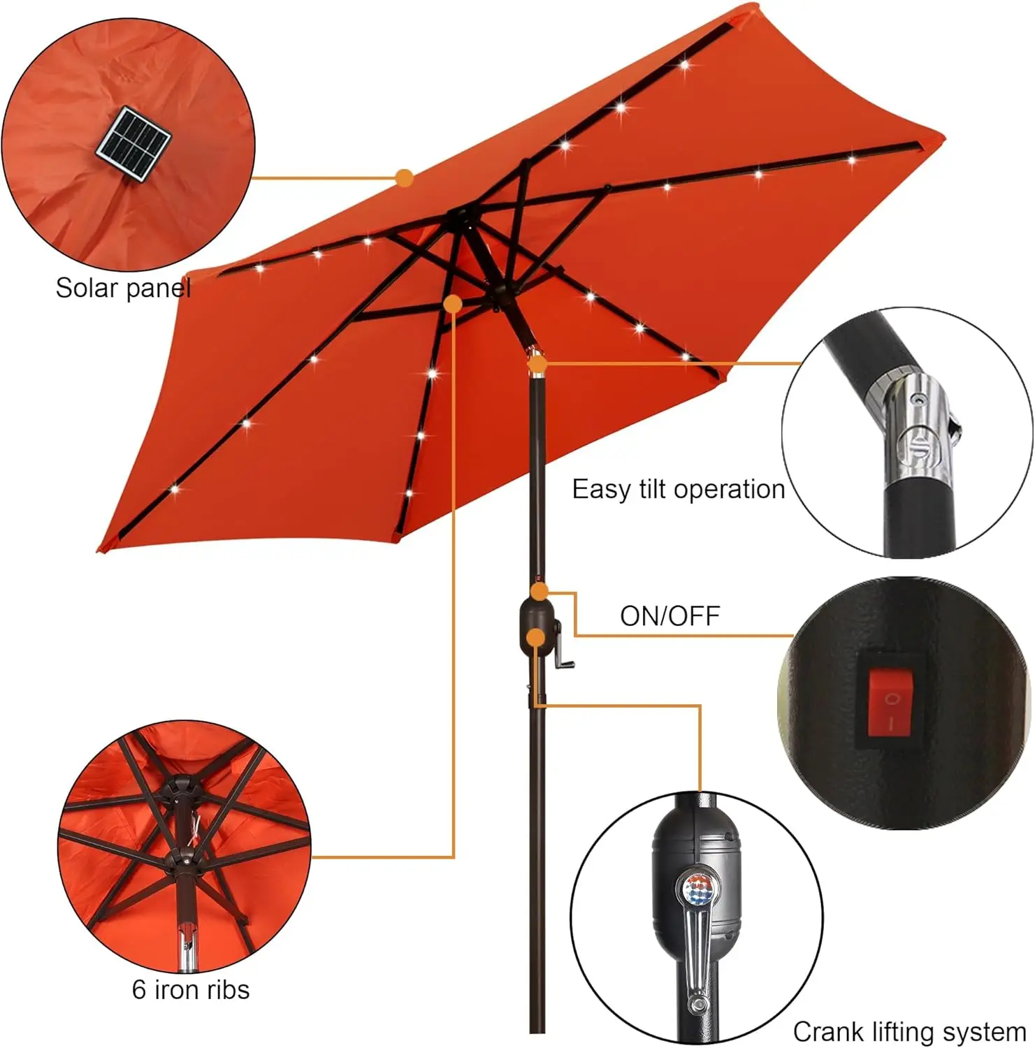 7.5 ft Solar Umbrella, 18 LED Lighted Patio Umbrella, Table Market Umbrella·