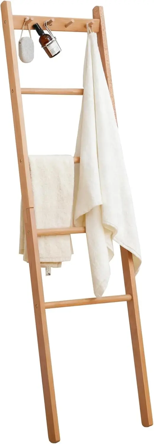 

Beech Wood Blanket Ladder, 5.3ft Natural Farmhouse Quilt Holder with Top Hooks, 4-Bar Decorative Throw Rack, Towel Shelf for Liv