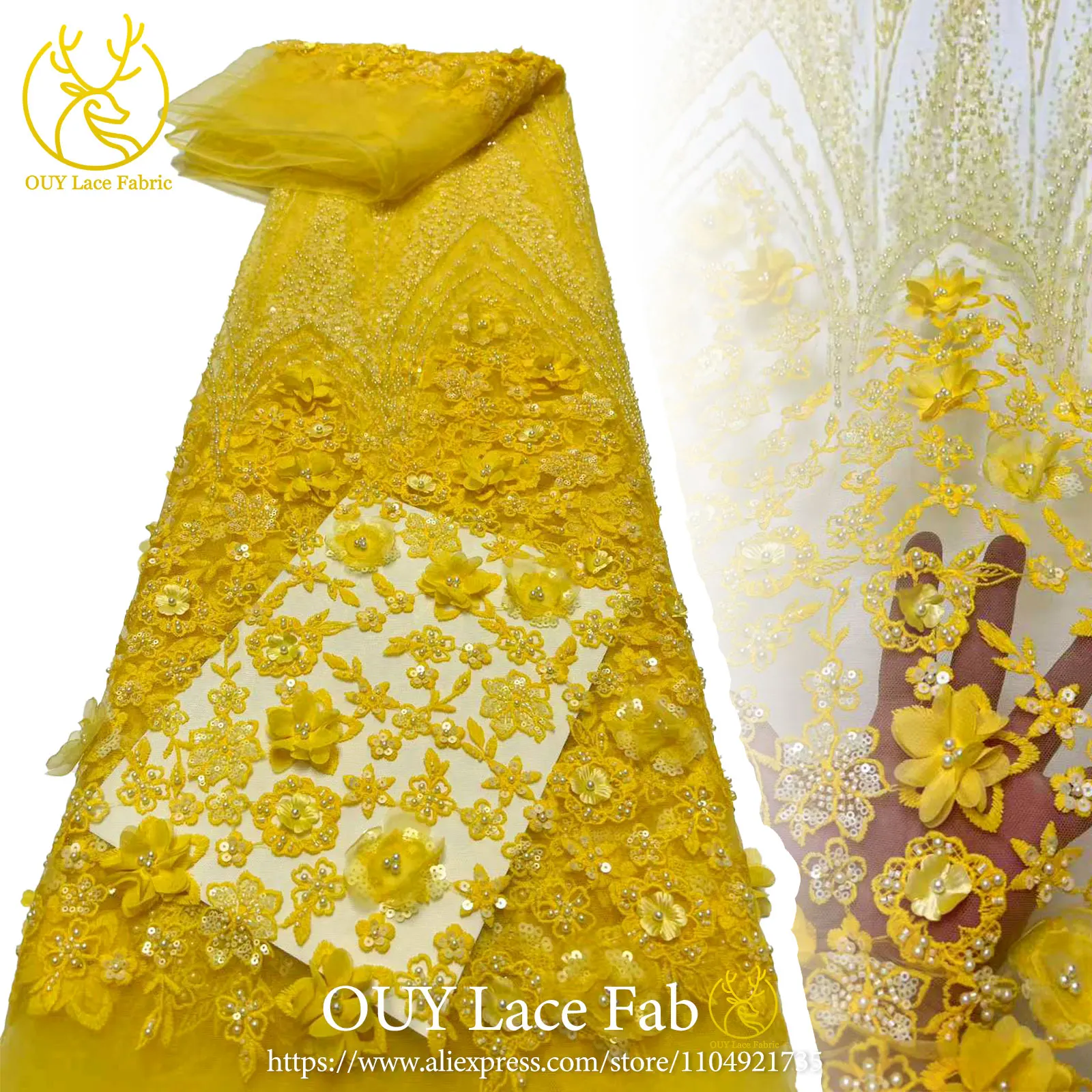 

Yellow African 3D Bridal Embroidered Beaded Lace Fabric 2026 Premium Nigerian Sequin Lace Suitable for Women's Party Dresses 5Y