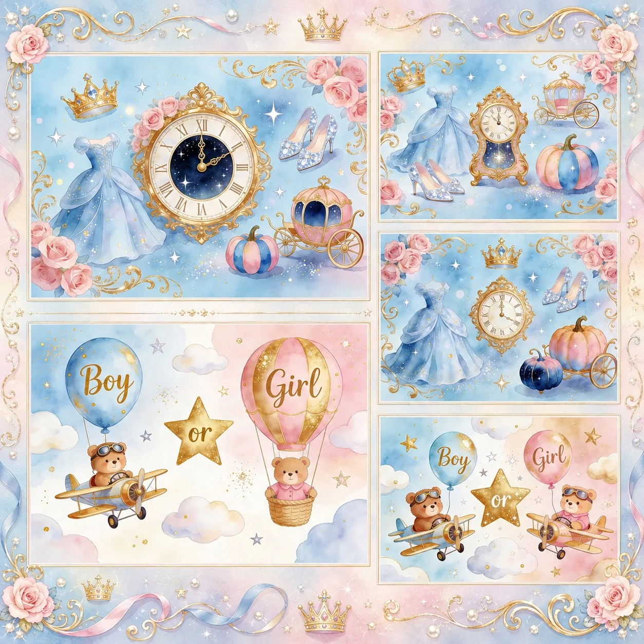 Blue Pink Gender Reveal Backdrop Princess Crown Carriage Teddy Bear Photography Background for Baby Shower Kids Birthday Party