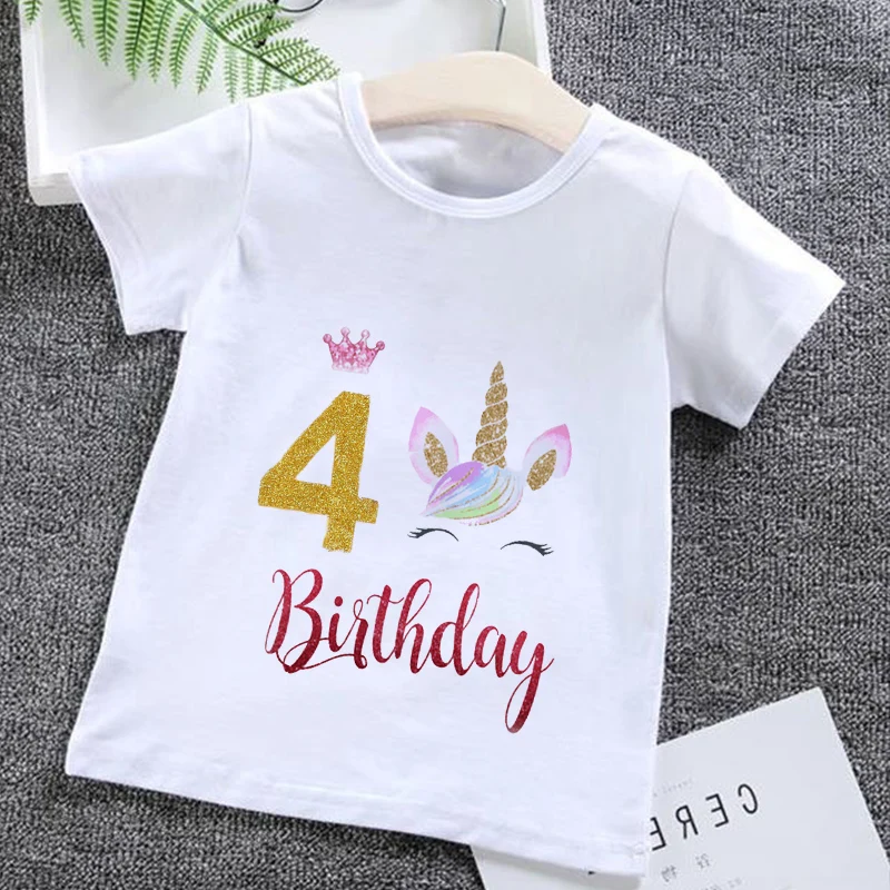 Cartoon Birthday Numbers Unicorn 1 2 3 4 5 6 7 8 9 Age Baby Boys Clothes Summer T-shirts 2023 Kids Clothes boys/Girls Tees Tops