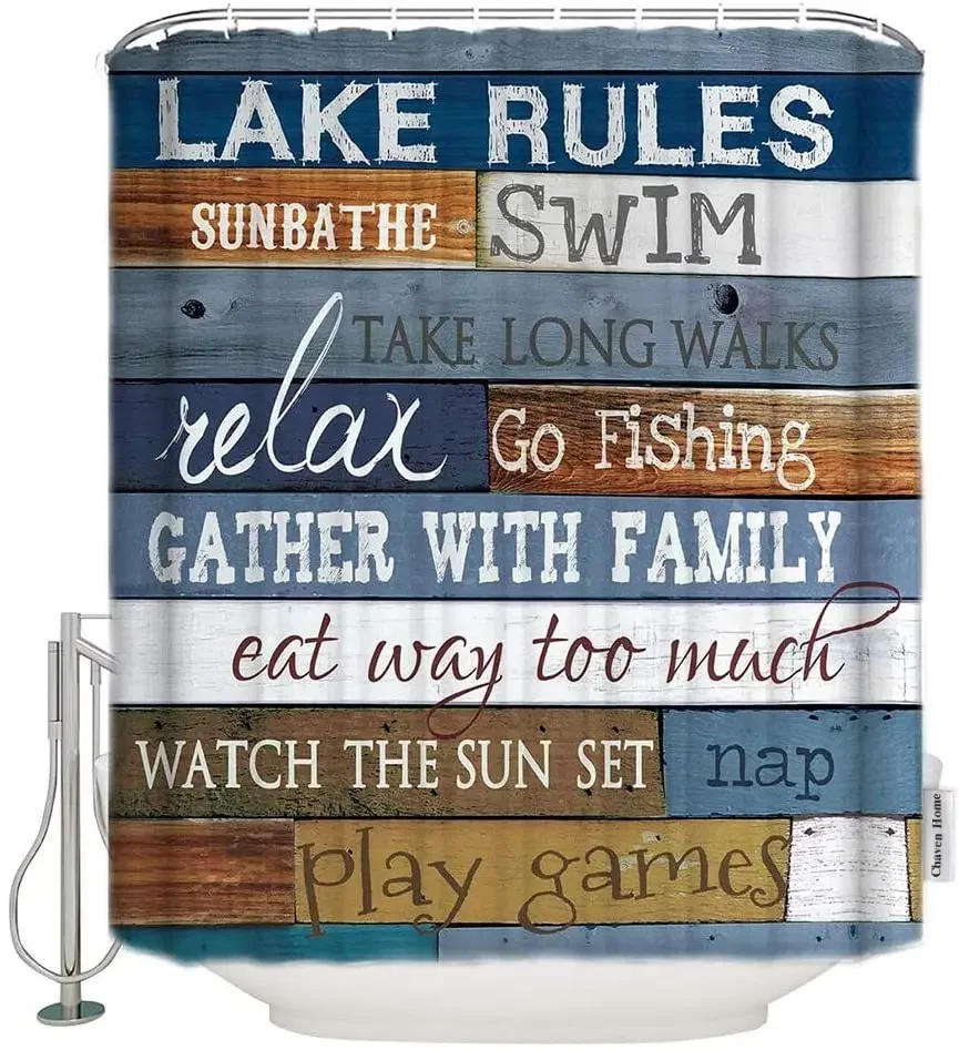 Vintage Wooden Lake Rules Durable Waterproof Polyester Fabric Bath Curtain