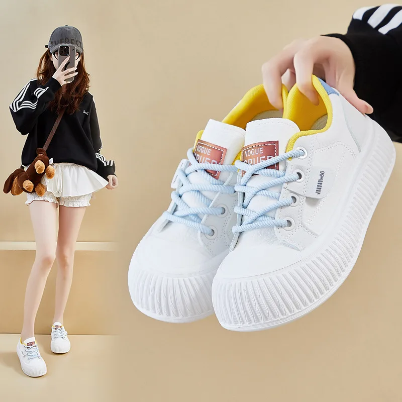 

2025 Women's Chunky White Sneakers, Korean Style Platform Shoes for Height Increase, Casual Lace-Up Flat Shoes for Fashion