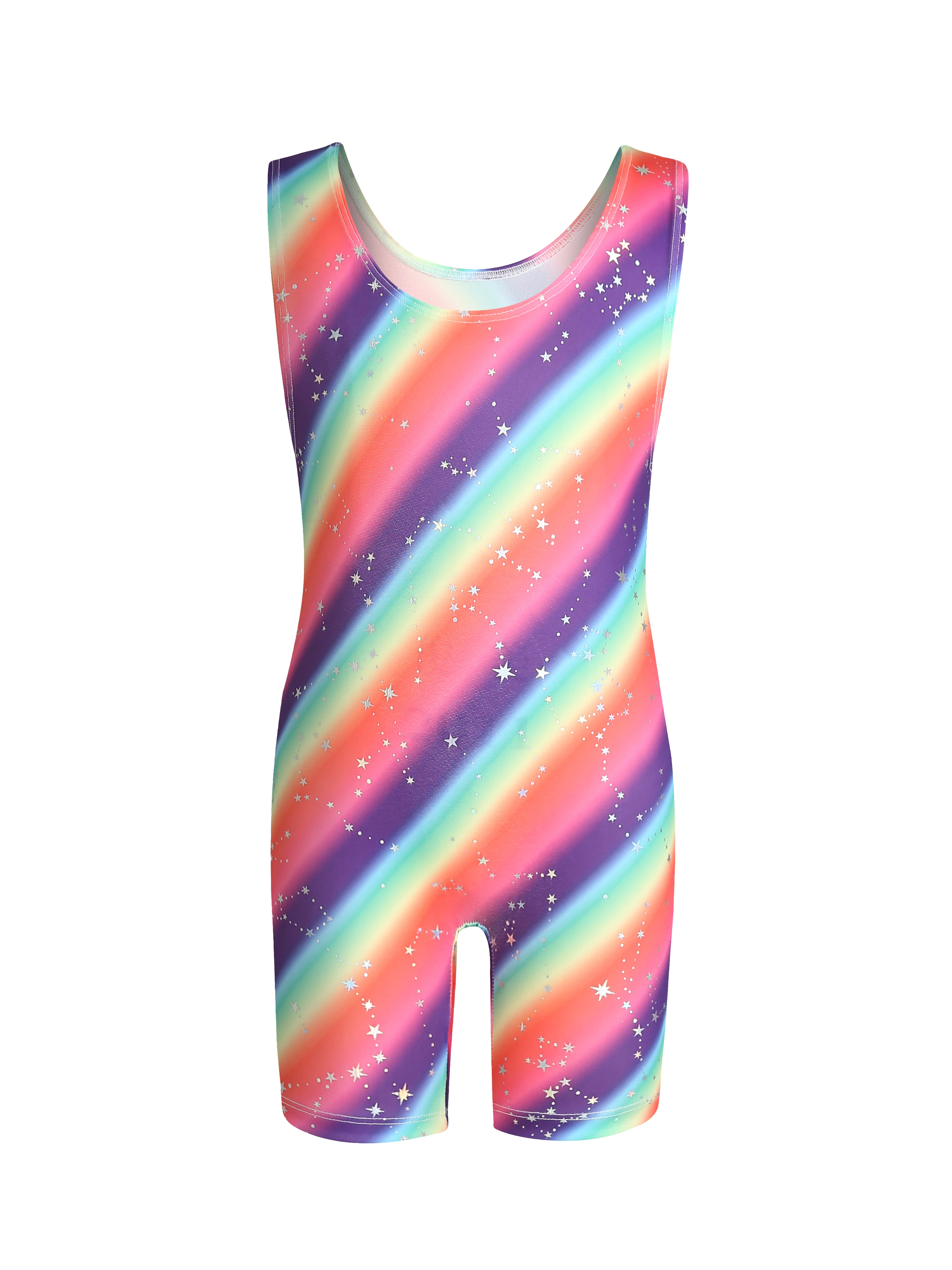 Body senza maniche sfumato scintillante per ragazza body per bambini con stampa a stella arcobaleno body per bambini ginnastica abbigliamento sportivo da ballo