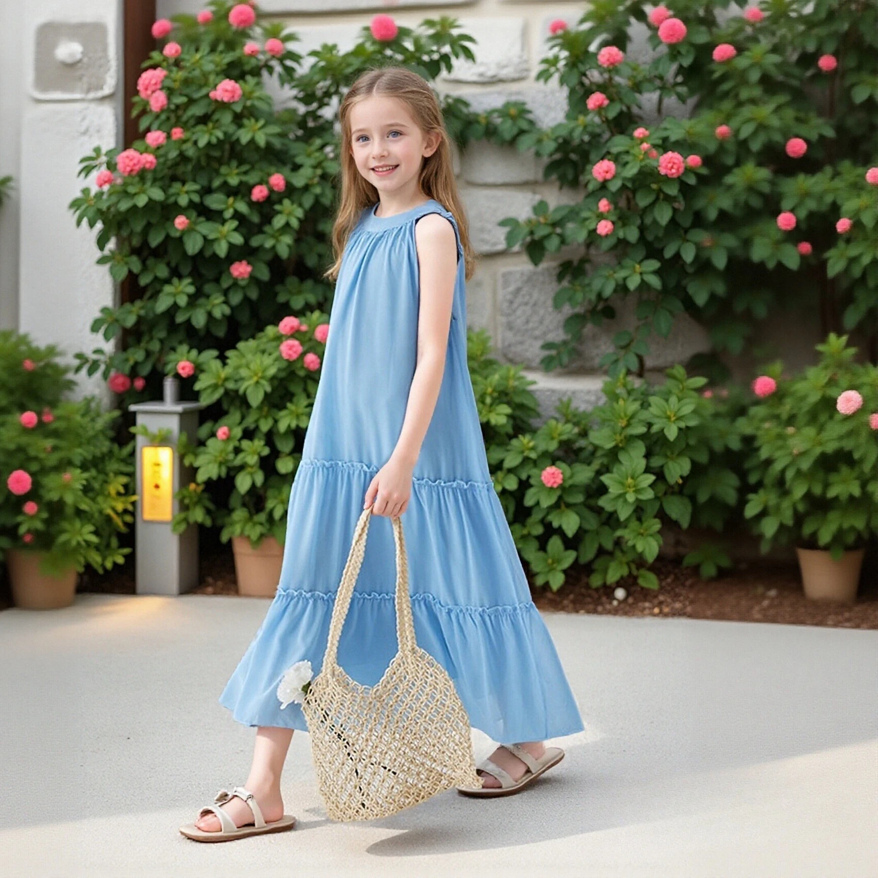 

Летнее пляжное платье для девочек, новинка 2025, модное синее длинное платье принцессы на бретельках без рукавов, праздничное праздничное платье, детская одежда для подростков