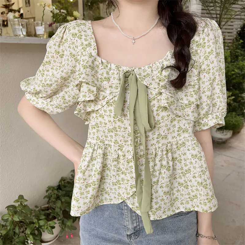 Puff Sleeve Blouses Women Cropped Floral Bandage Prairie Chic Retro Kawaii Girlish Holiday Tender Princess Summer New French Ins