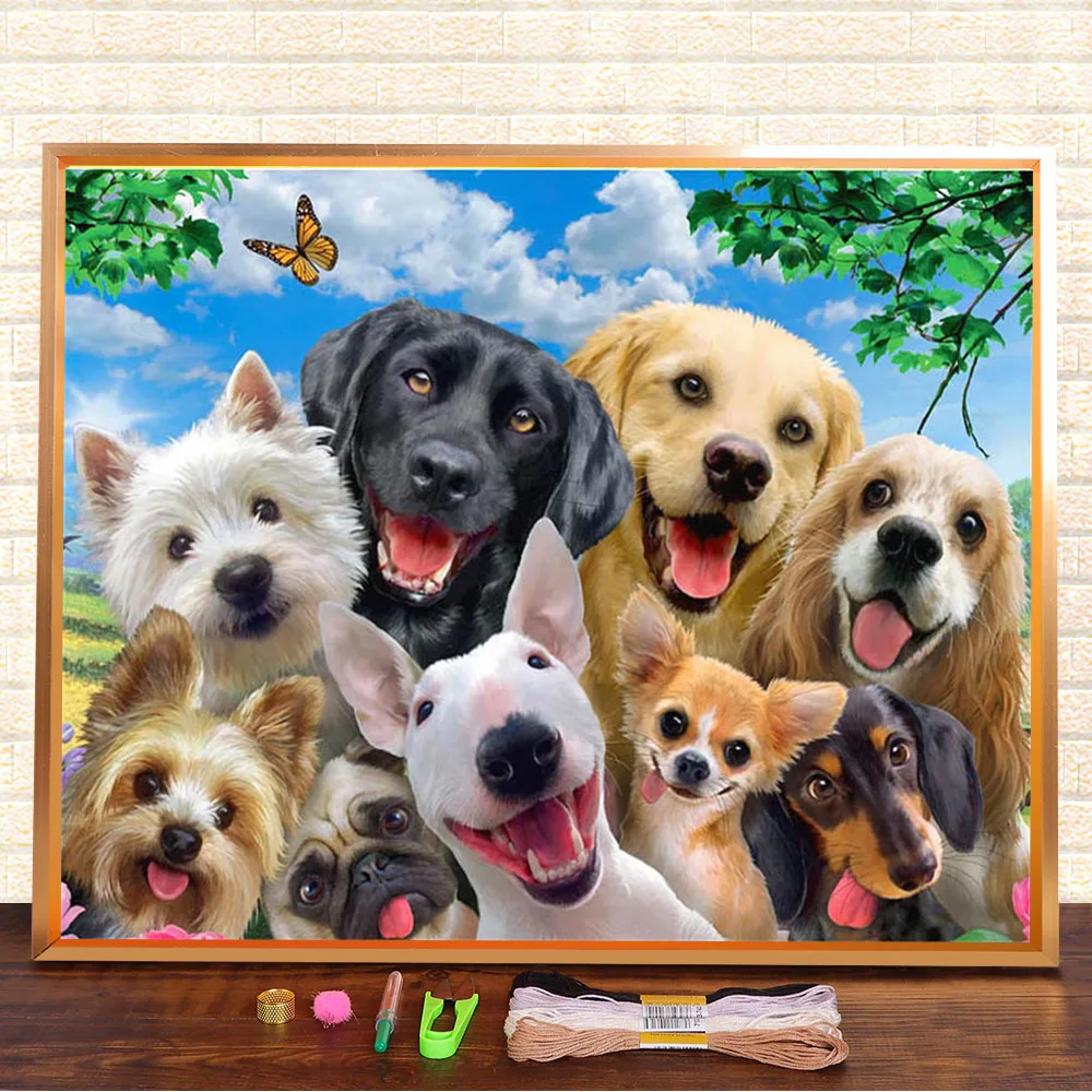 Animals Dog Horse Printed Water-Soluble Canvas 11CT Cross Stitch DIY Embroidery Complete Kit DMC Threads Handmade      Package