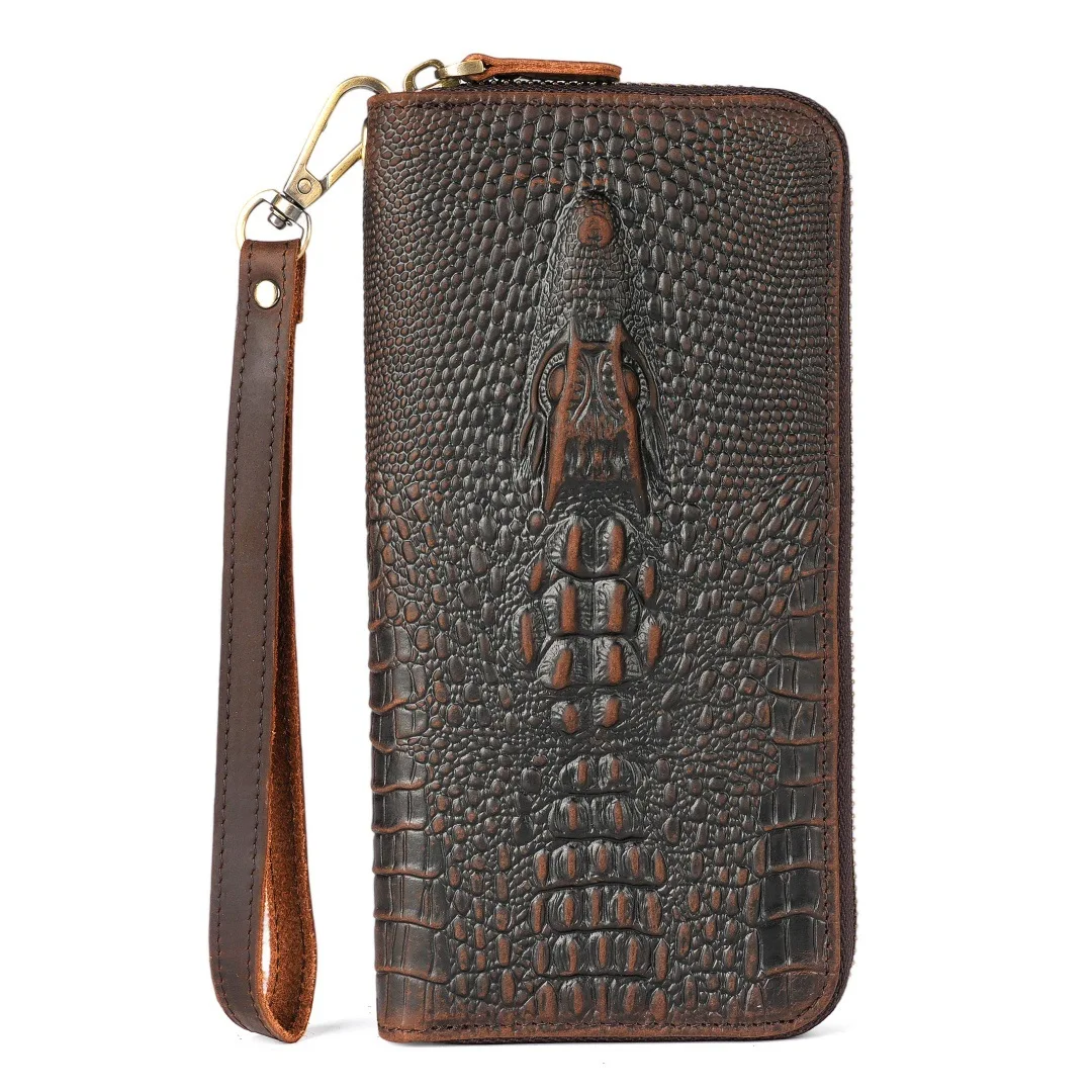 

Men's Crazy Horse Leather Wallet, Vintage Embossed Long Wallet with Zipper, Multi-Card Slot Phone Purse, RFID Blocking Billfold