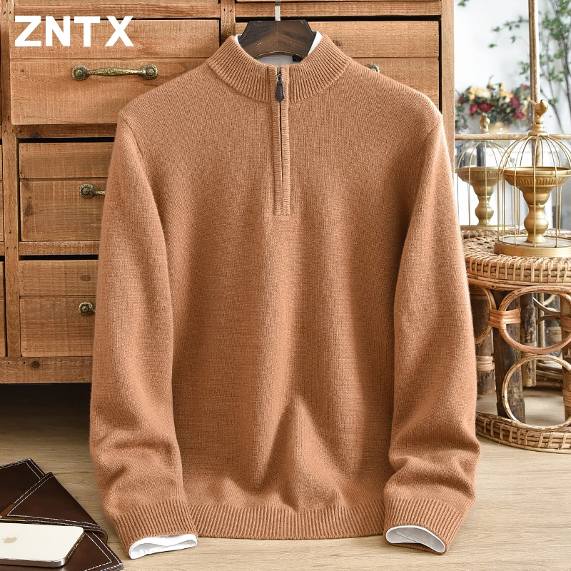 ZNTX 100% pure cashmere sweater for middle-aged men, thickened brand zipper, semi high neck knitted sweater for winter warmth