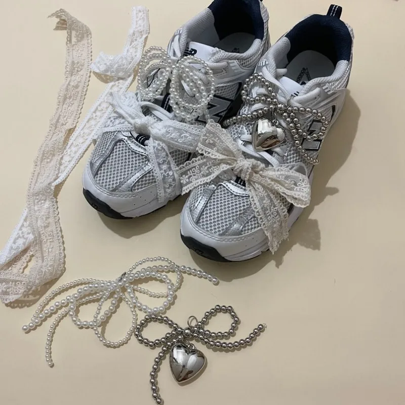 Korean Fashion Silver Bead Shoe Ribbon Pearl Shoe Decoration Sliver Heart for Sneaker Silver Bead Shoelace Silver Charm