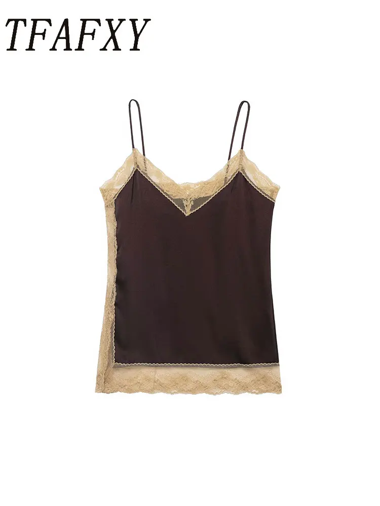 TFAFXY Dünnes Damen-Unterhemd, 2026, Frühling, Sommer, V-Ausschnitt, ärmellos, schlanke Spitze, Patchwork, bauchfreies Top, Camis, Y2K