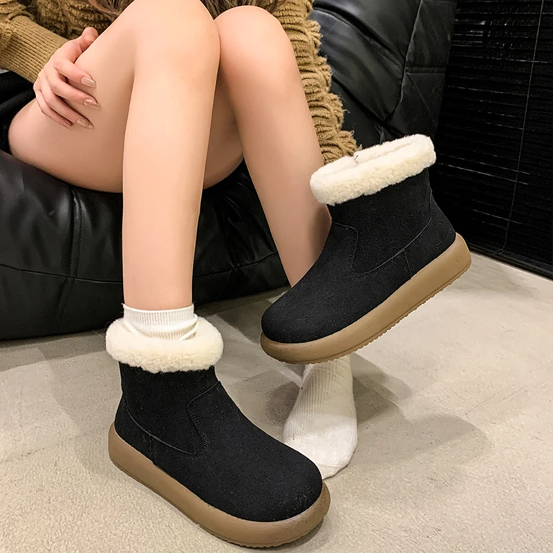 Snow Boots For Women Female Shoes Boots-Women Plush Winter Footwear Ladies Leather Mid-Calf 2024 Fur Shearling Lady Boots Boots-