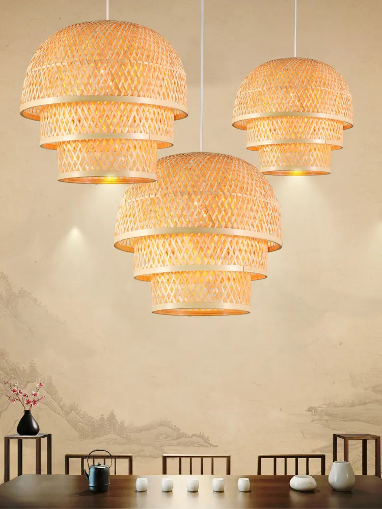 Modern New Design Bamboo Wooden Handmade Good Quality 3 Layers Asia Thailand Seaside Style Living Room E27 Pendant Lamp