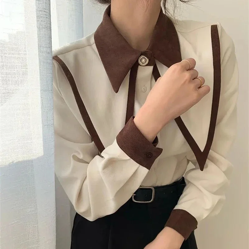 Vintage Chiffon Shirts Women Elegant Patchwork Long Sleeve Blouses  Loose Puff Sleeve Blouses Simple Single Breasted Tops 2024