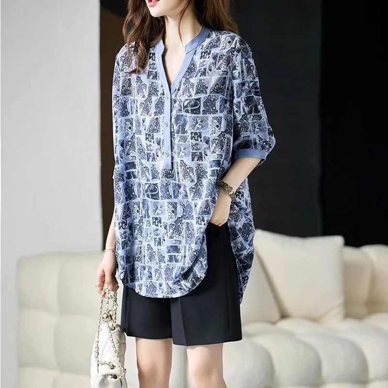 Vintage Fashion Printed Shirt Loose Casual V-Neck Button Female Clothing 2024 Summer New Commute Half Sleeve All-match Blouse