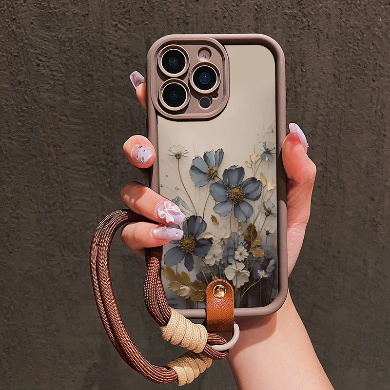 Blaue Blumen-Silikon-Handyhülle mit weichem Trageband für iPhone 11 12 13 14 15 16 17 Pro Max 17 Air 7 8 15 Plus Cover
