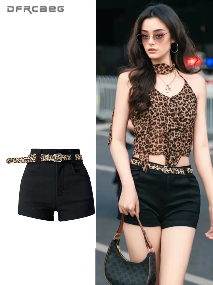 

High Waist Casual Summer Woman Shorts With Leopard Belt 2025 Korea Style Ins Slim Short Pants Female