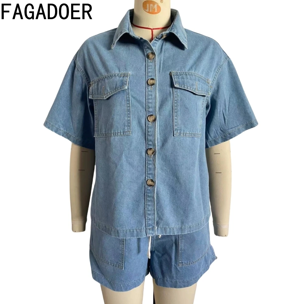 FAGADOER Summer New Denim Drawstring Shorts Two Piece Sets Women Lapel Button Shirts And Pocket Jean Shorts Outfits Streetwear