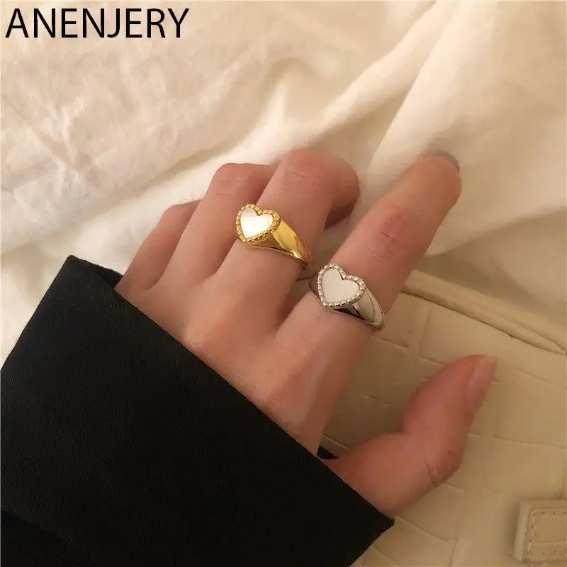 ANENJERY Silver Color Love Heart Shell Ring For Women Gold Silver Fashion Party Wedding Jewelry Finger Ring Gift