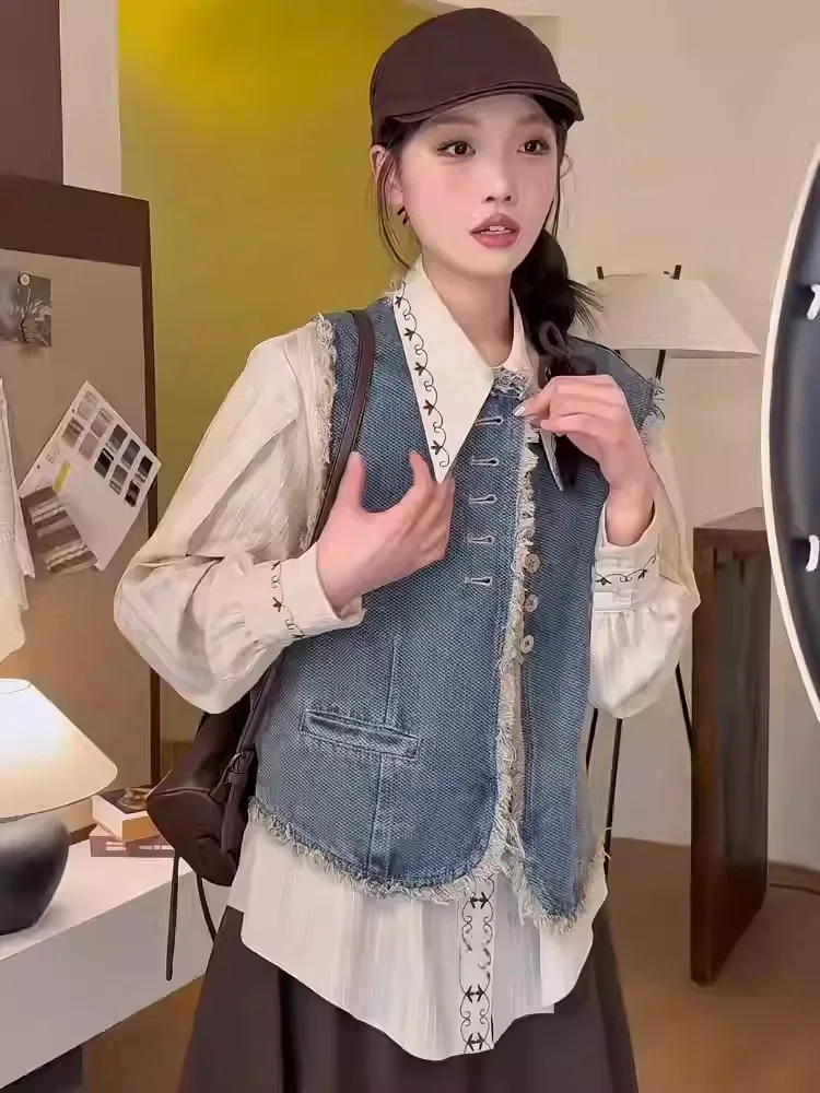 Conjunto de moda para mujer con diseño de borla combinada irt Jaet bordado vaquero azul, cuello largo Sve, colección de otoño