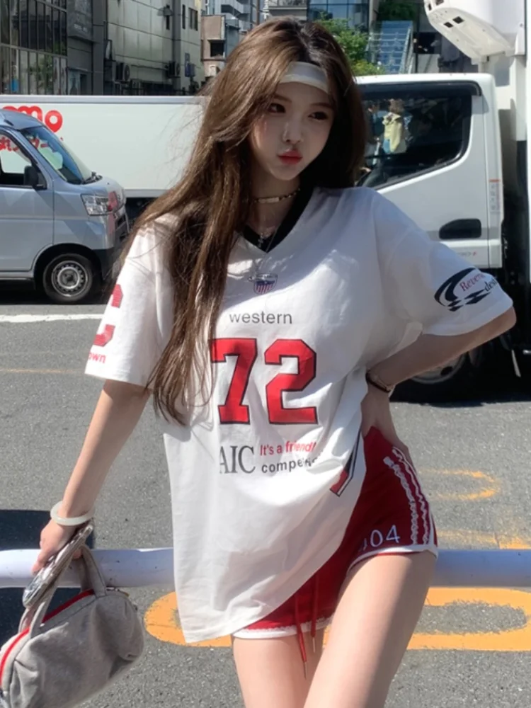 

ADAgirl Hip Hop Oversized Sports Number Tee Basketball Jersey Women Short Sleeve V Neck T-shirts Cotton American Retro Clothes