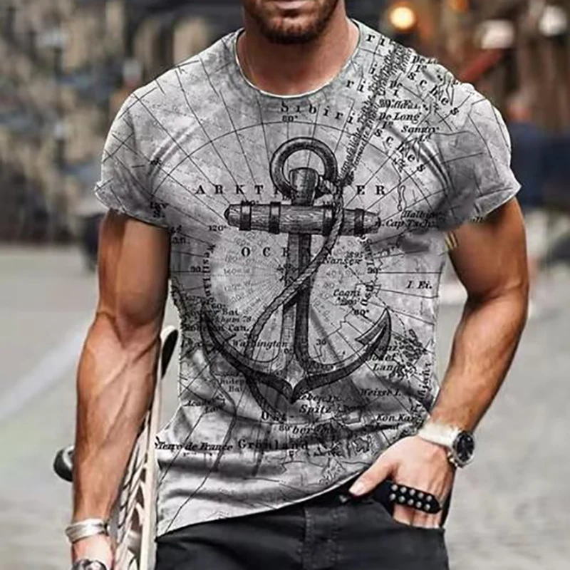 Summer Short Sleeved Round Neck 3D Anchored Printed T-shirt For Men Retro Casual Loose Short Sleeved Top For Men and Women