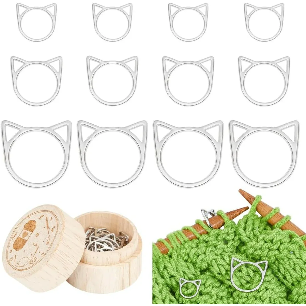 60Pcs Cat Shape Stitch Markers for Crocheting, 3 Size Alloy Crochet Stitch Marker for Knitting with Wood Storage Box, Knitting