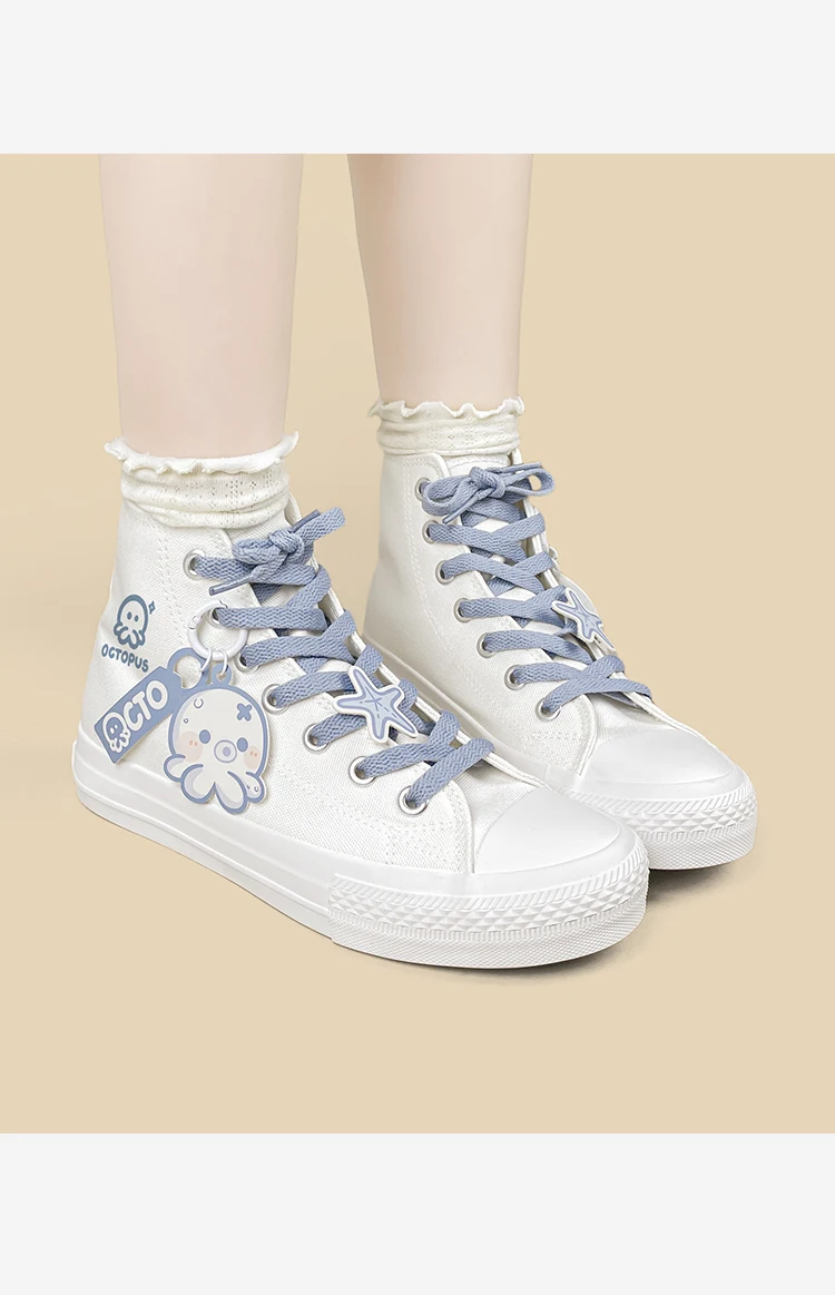 Amy und Michae Kawaii Damen-High-Top-Sneaker aus Segeltuch, niedlicher Oktopus-Cartoon, flache Sohle, Schnürung, tägliche Street-Freizeitschuhe für Mädchen – Detail 7