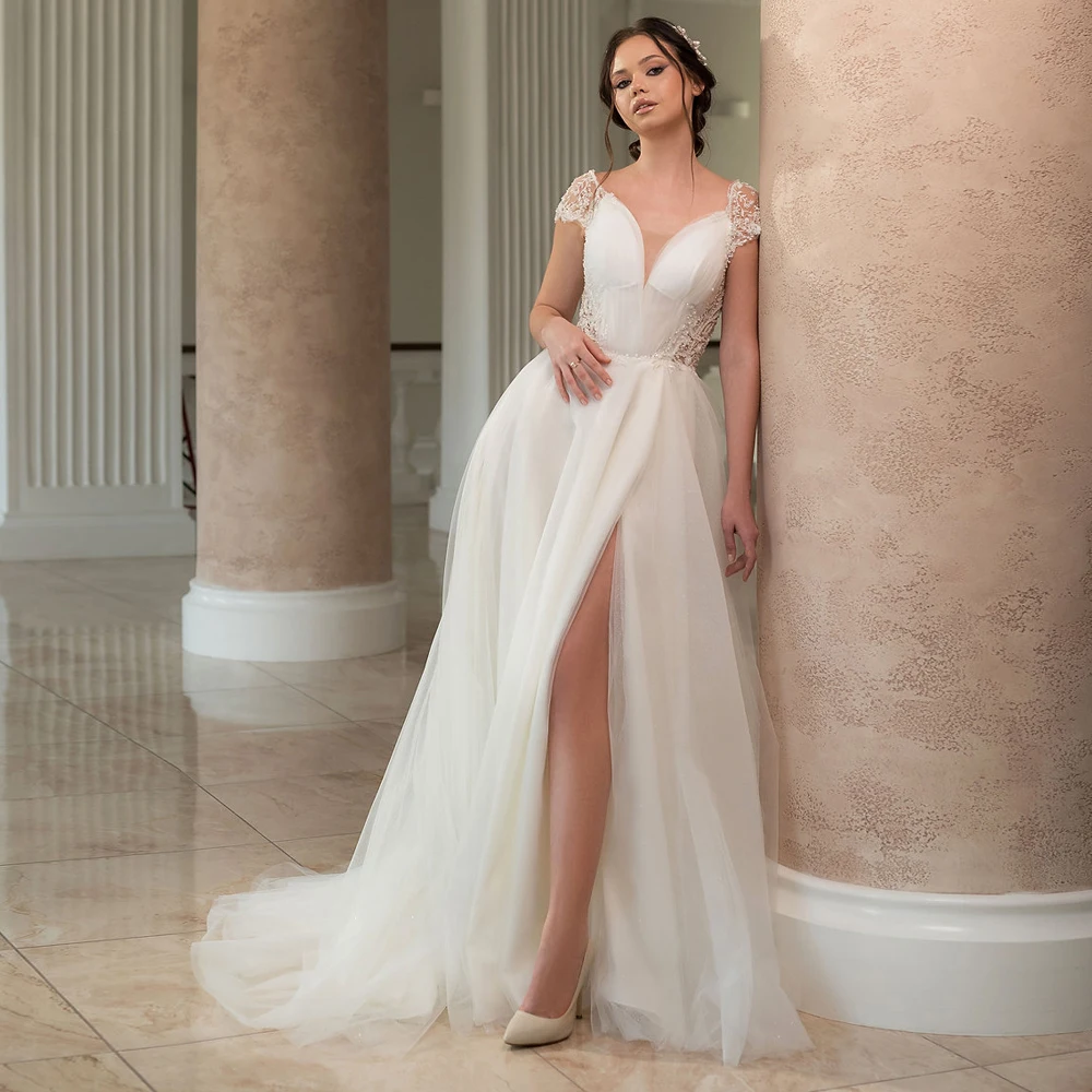 

Fashion Deep V Neck Wedding Dresses Cap Sleeves Applique Bridal Grown Open Back Slit Floor Length Tulle A Line Vestidos De Novia