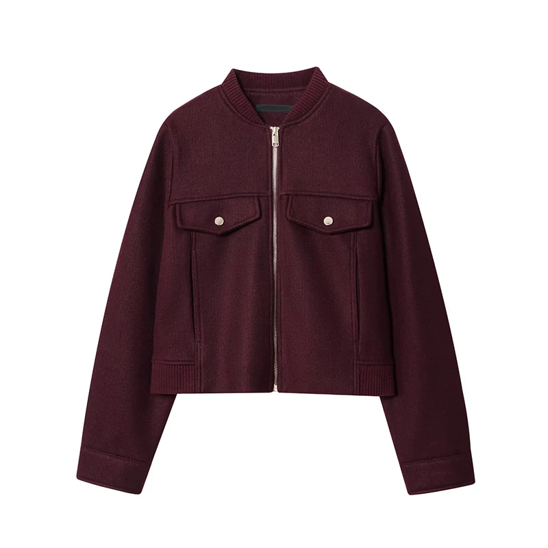 

YENKYE 2025 Women Burgundy Cropped Soft Jacket Front Zipper Long Sleeve Fashionable Versatile Autumn Coat