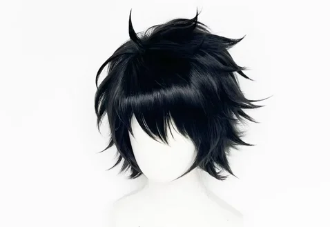 L.Lawliet Peluca de Cosplay, pelo corto negro, peludo en capas, resistente al calor, disfraz + gorro de peluca