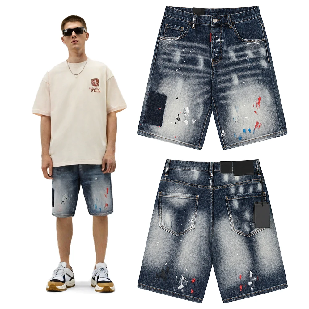 

Streetwear Clothing Patchwork Shorts Denim Jeans with Distressed Printed Hiphop Street Style Cotton Summer Short Pants for Men's