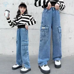 Fashion 2024 Cargo Jeans for Girls Spring Blue Pocket Hot Deals Teens Kids Cargo Pants Casual Straight School Children Trousers