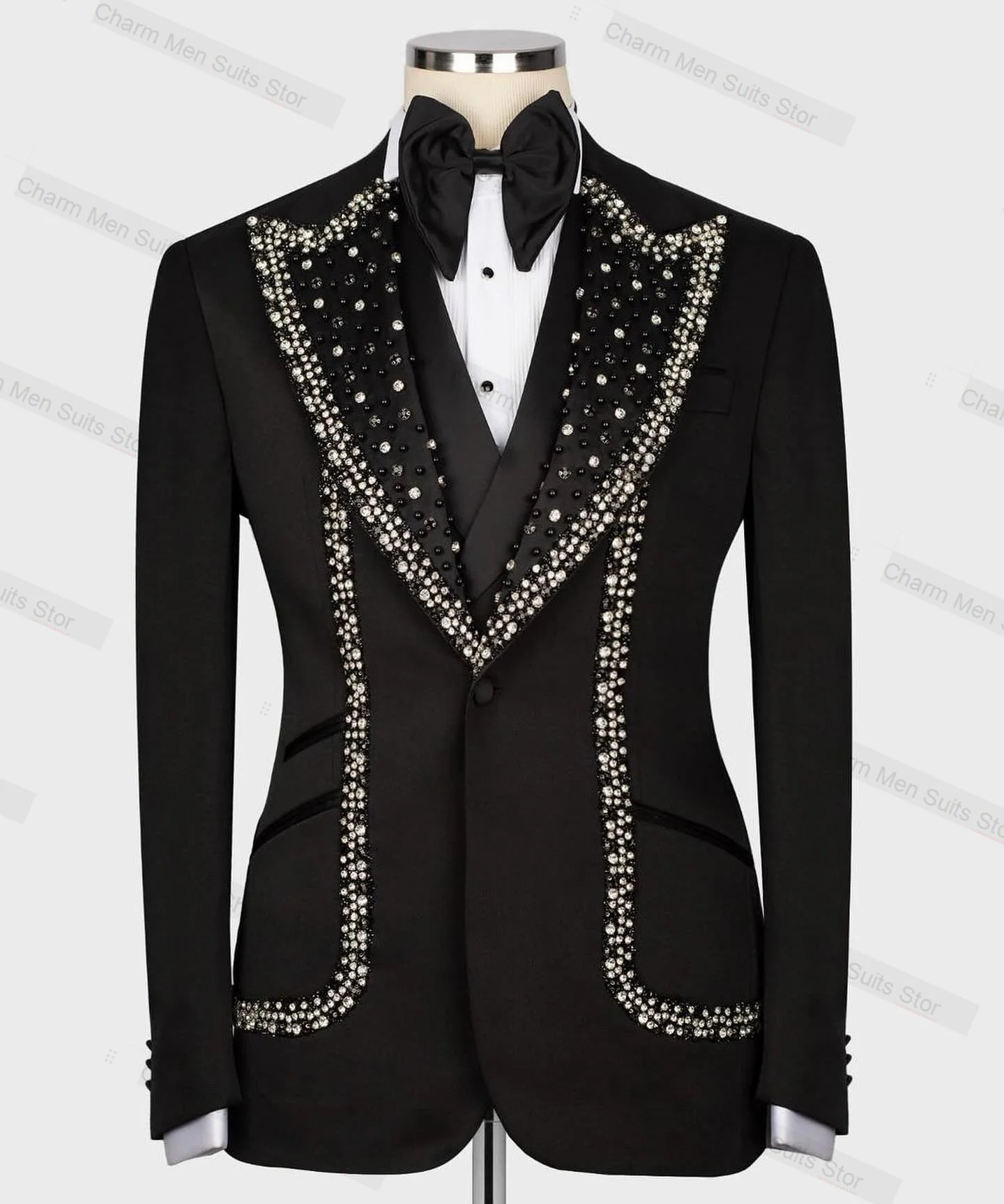 Black Crystal Men Suits Set 2 Piece Blazer+Pants Custom Made Jacket Formal Office Business Groom Wedding Tuxedo Prom Coat