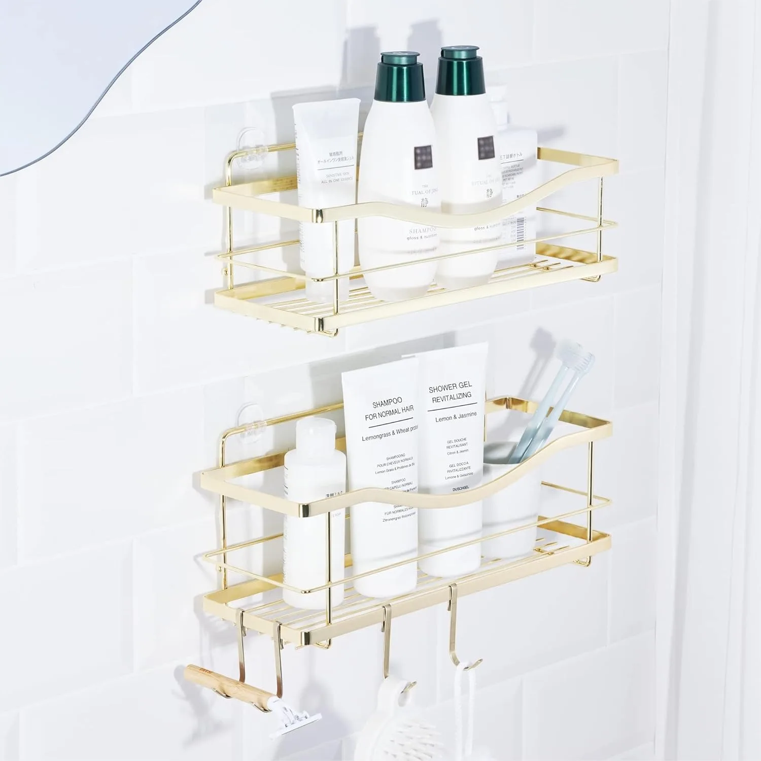 

Self Adhesive Shower Caddy Organizer Stainless Steel Bath Shampoo Holder with Hooks for Bathroom Storage