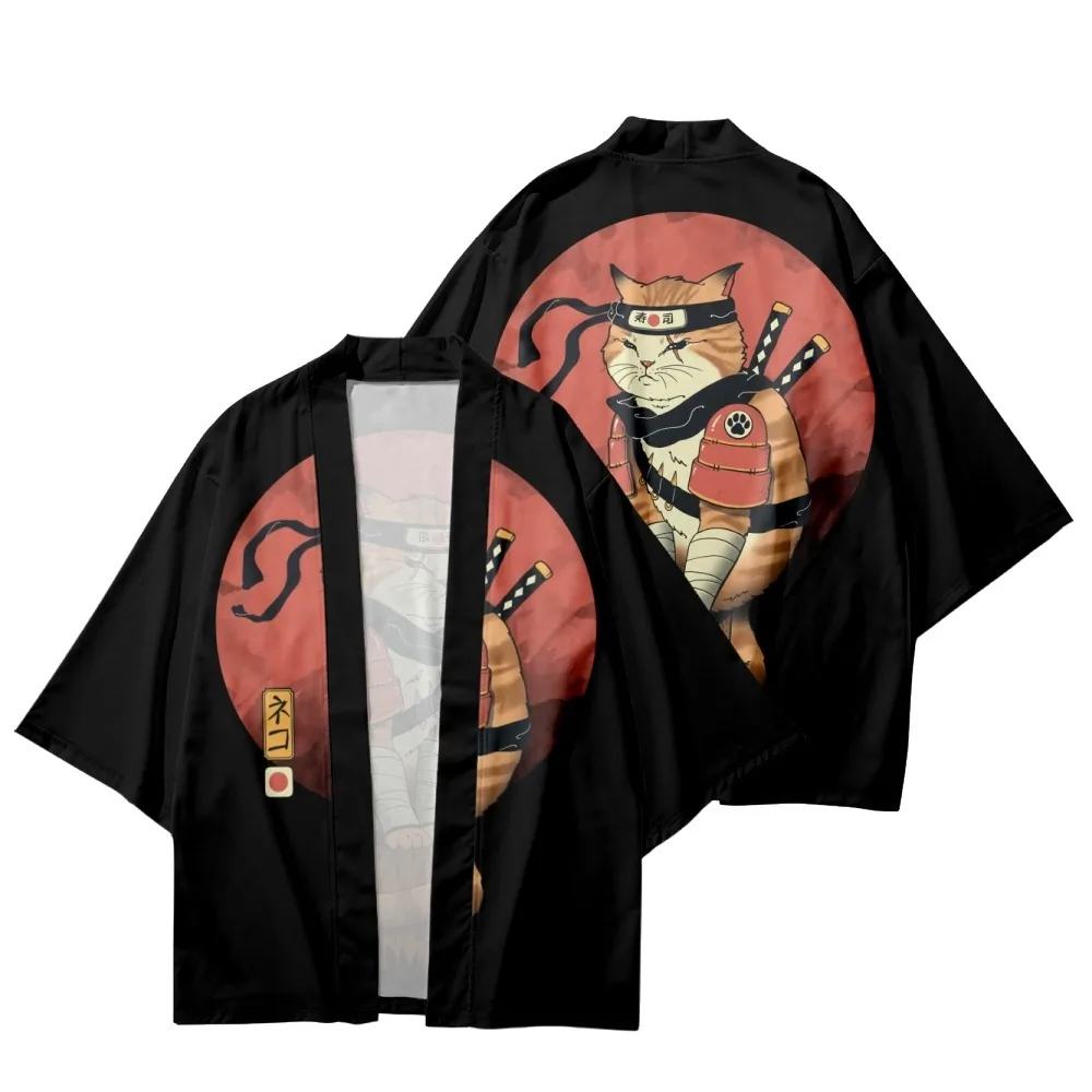 

Cat Warrior Printed Black Summer Japanese Kimono Men Cardigan Casual Loose Streetwear Harajuku Cosplay Yukata Asian Clothing