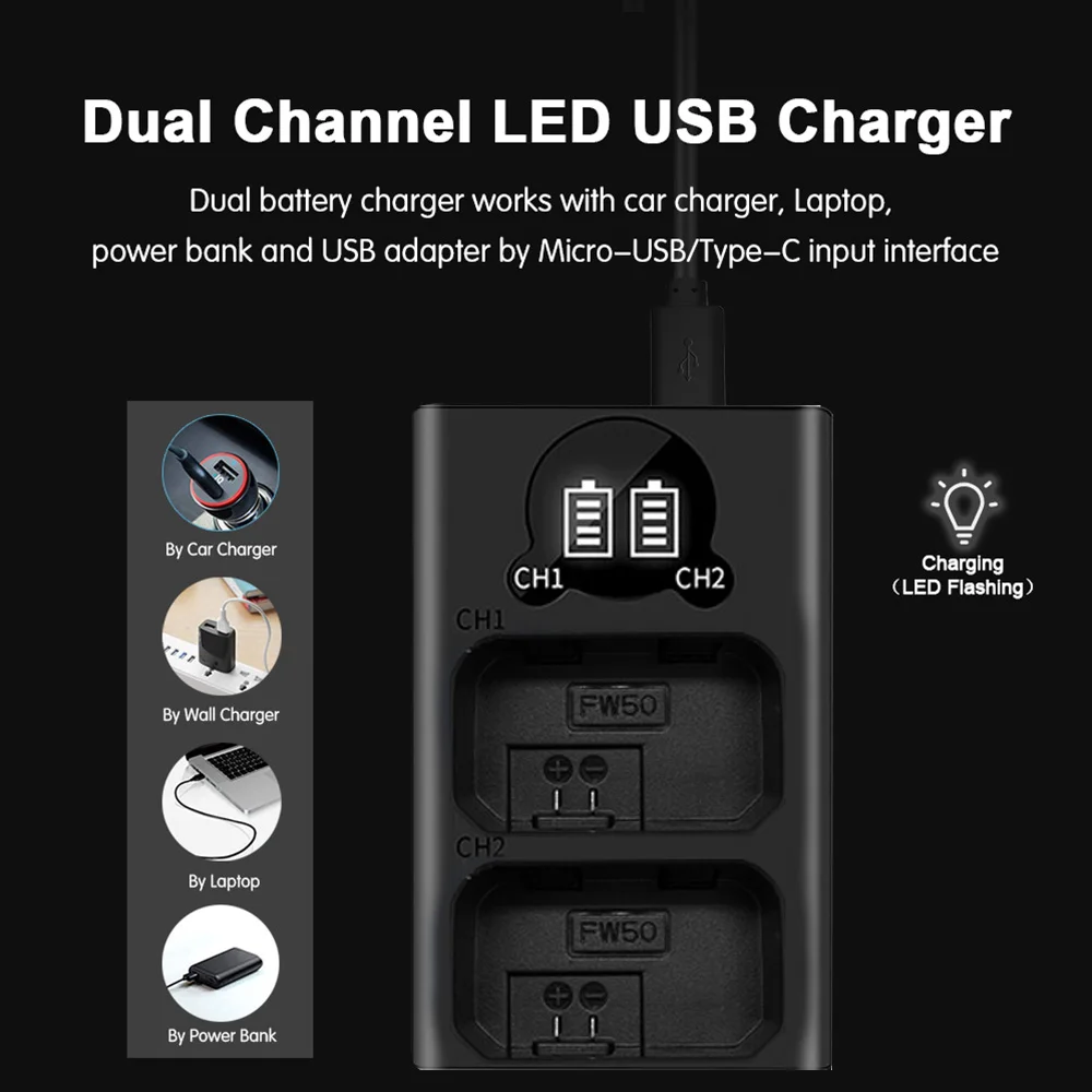 بطارية كاميرا وشاشة LCD USB شاحن مزدوج ، سوني ، ألفا ، A6500 ، A6300 ، A6000 ، A5000 ، A3000 ، NEX-3 ، A7R ، 1090mAh ، NP-FW50 ، NP FW50 ، 2 قطعة